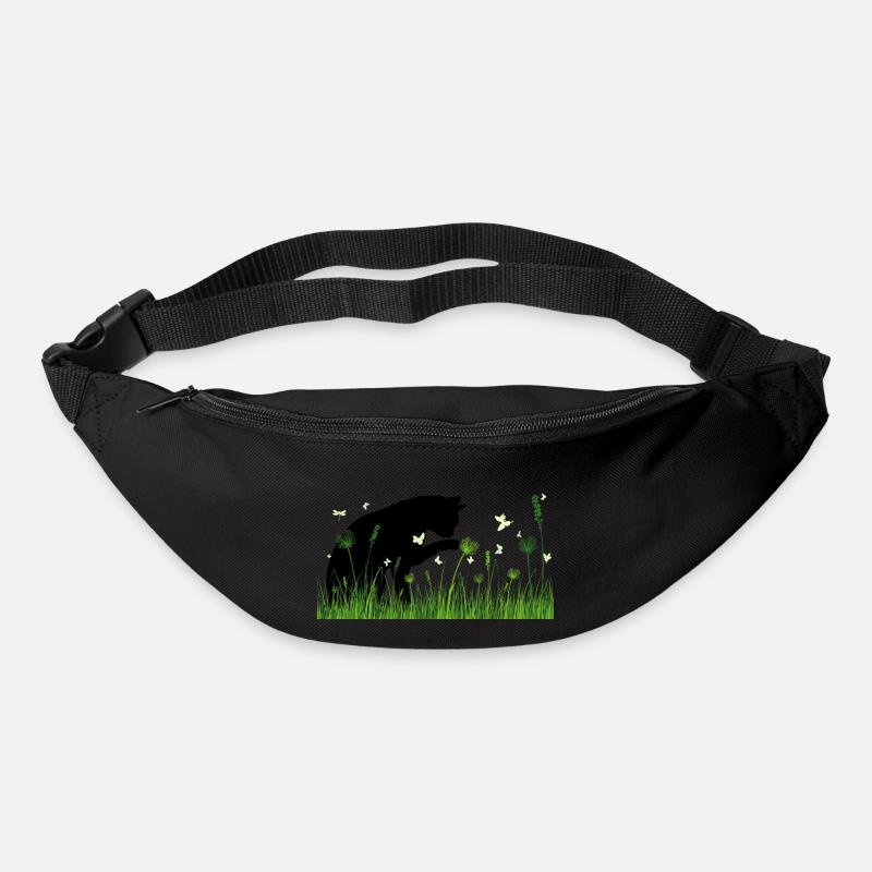 Design printanier - chat dans un pré fleuri - Sac banane - noir