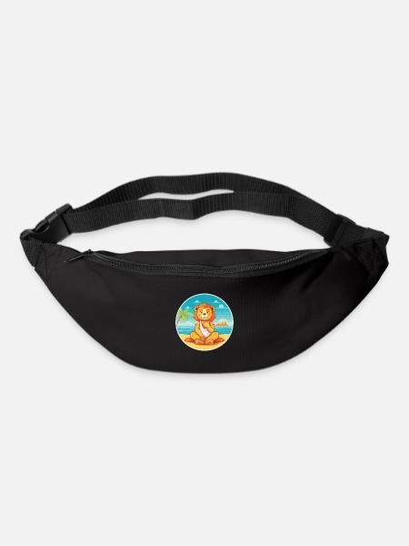 Löwe-Karikatur-Yoga-Strand-Sommer-Illustration - Gürteltasche - Schwarz