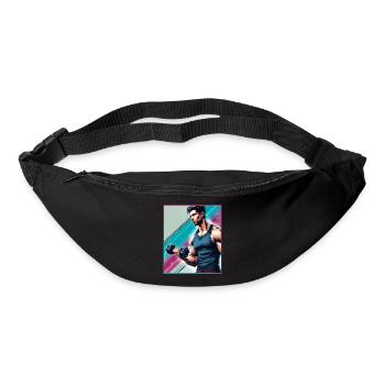 Homme musclé avec un haltère - Sac banane - noir - Devant