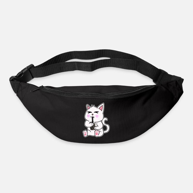 Bubble Tea Drinking White Cat Anime Kawaii - Bum bag - black