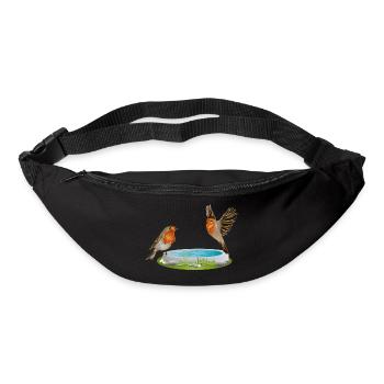 Vogeltränke mit zwei vergnügten Rotkehlchen - Gürteltasche - Schwarz - Vorne