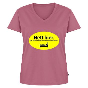 Nett hier waren sie schon in meinem Schlafzimmer - Frauen Premium Bio T-Shirt mit V-Ausschnitt - Mauve - Vorne - AI Model Female 172 dark (172cm)