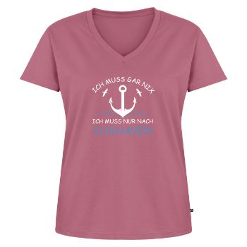 Ich muss gar nix ich muss nur nach Cuxhaven - Frauen Premium Bio T-Shirt mit V-Ausschnitt - Mauve - Vorne - AI Model Female 172 dark (172cm)