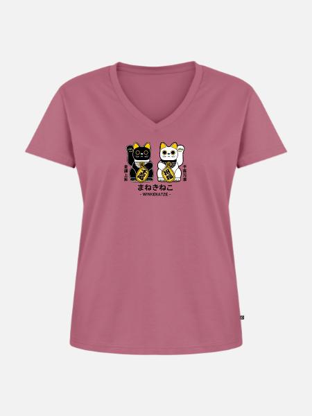 Manekineko - Winkekatze - Frauen Premium Bio T-Shirt mit V-Ausschnitt - Mauve