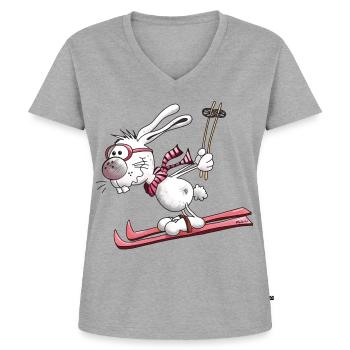 Hase auf der Piste - Frauen Premium Bio T-Shirt mit V-Ausschnitt - Grau meliert - Vorne - AI Model Female 172 dark (172cm)