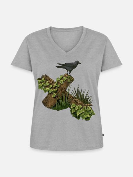 Krähe auf Holzkreuz, efeu - Frauen Premium Bio T-Shirt mit V-Ausschnitt - Grau meliert