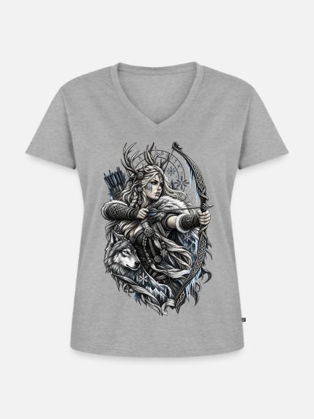 Wikinger Bogenschützin mit Wolf – Noventra - Frauen Premium Bio T-Shirt mit V-Ausschnitt - Grau meliert