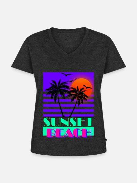 Sunset Beach 80s Purple - Frauen Premium Bio T-Shirt mit V-Ausschnitt - Anthrazit meliert