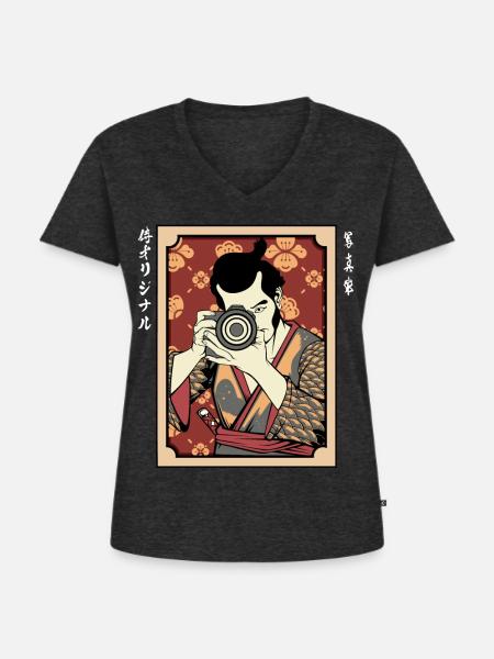 Kimono Kamera Portrait - Frauen Premium Bio T-Shirt mit V-Ausschnitt - Anthrazit meliert