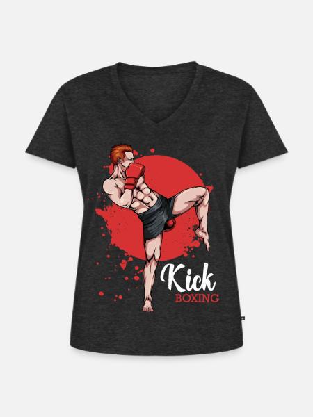 Kickboxer im Roten Hintergrund - Frauen Premium Bio T-Shirt mit V-Ausschnitt - Anthrazit meliert