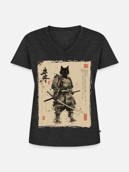 Samurai Katze, Japanischer Krieger & Kämpfer - Frauen Premium Bio T-Shirt mit V-Ausschnitt - Anthrazit meliert