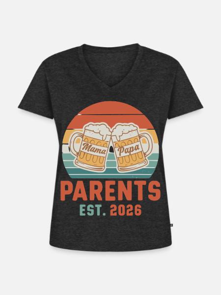 Eltern 2026 Mama Papa - Frauen Premium Bio T-Shirt mit V-Ausschnitt - Anthrazit meliert