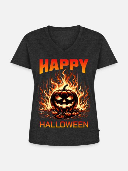 Happy Halloween Pumpkin Fire - Frauen Premium Bio T-Shirt mit V-Ausschnitt - Anthrazit meliert