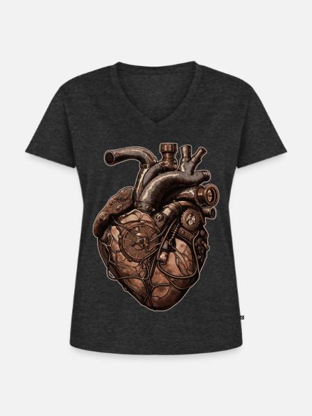 Steampunk Herz Biomechanik - Frauen Premium Bio T-Shirt mit V-Ausschnitt - Anthrazit meliert
