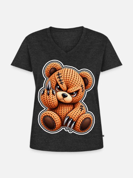 Gestrickter Bären-Punk mit Stichen - Frauen Premium Bio T-Shirt mit V-Ausschnitt - Anthrazit meliert
