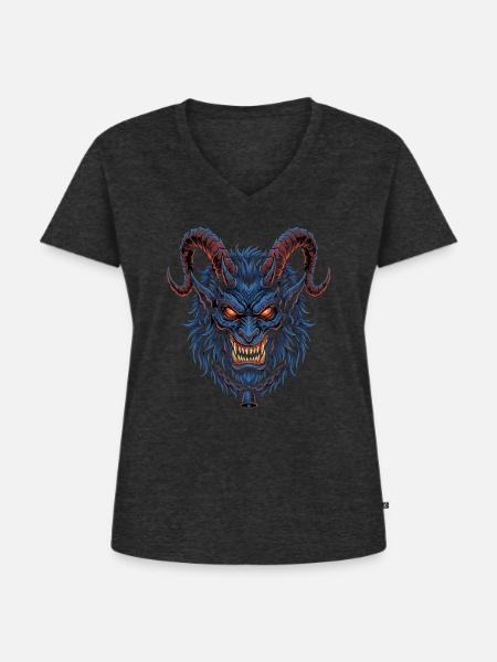 Blauer Dämonenkopf mit Hörnern - Frauen Premium Bio T-Shirt mit V-Ausschnitt - Anthrazit meliert