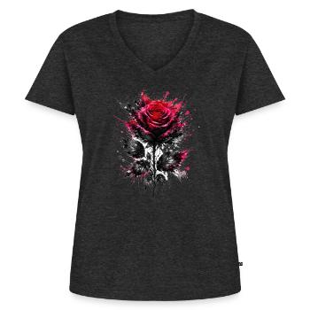 Rote Rose mit Tinten-Spritzern - Frauen Premium Bio T-Shirt mit V-Ausschnitt - Anthrazit meliert - Vorne - AI Model Female 172 light (172cm)