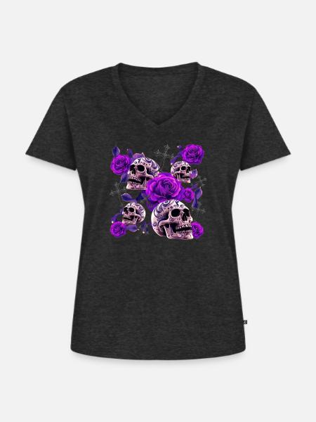 Violette Schädelrosen Tattoo - Frauen Premium Bio T-Shirt mit V-Ausschnitt - Anthrazit meliert