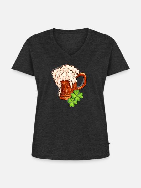 Bierkrug und Kleeblatt Design - Frauen Premium Bio T-Shirt mit V-Ausschnitt - Anthrazit meliert