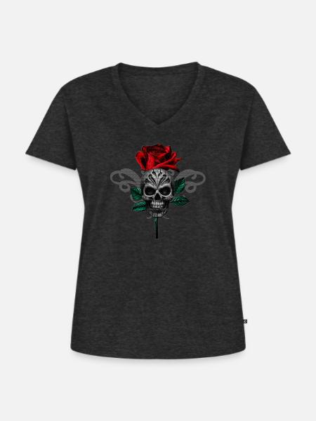 Vampire Romance Gothic Rose - Skull Shirt - Frauen Premium Bio T-Shirt mit V-Ausschnitt - Anthrazit meliert