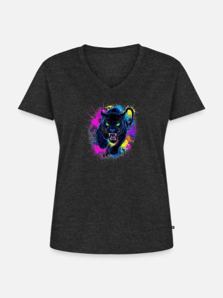 Neon Panther Farbexplosion - Frauen Premium Bio T-Shirt mit V-Ausschnitt - Anthrazit meliert