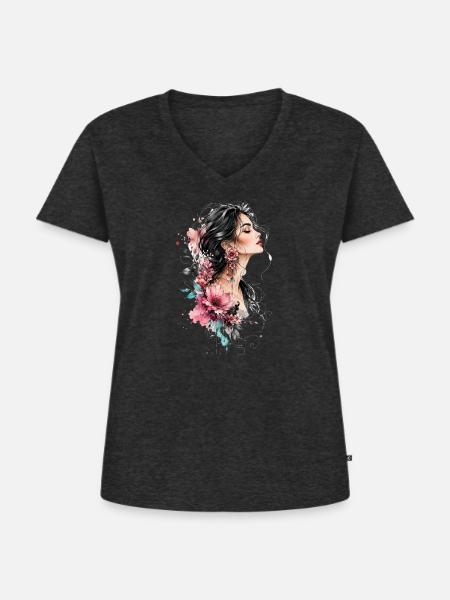 Frauenprofil mit Blütenohrring - Frauen Premium Bio T-Shirt mit V-Ausschnitt - Anthrazit meliert