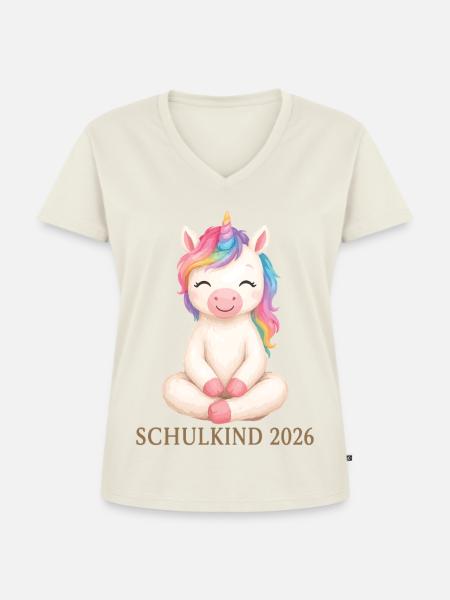 Schulkind 2026 Einhorn Shirt - Frauen Premium Bio T-Shirt mit V-Ausschnitt - Naturweiß