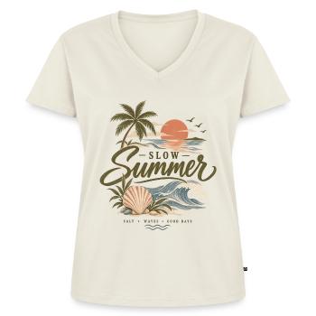 Slow Summer Strandtraum - Frauen Premium Bio T-Shirt mit V-Ausschnitt - Naturweiß - Vorne - AI Model Female 172 dark (172cm)