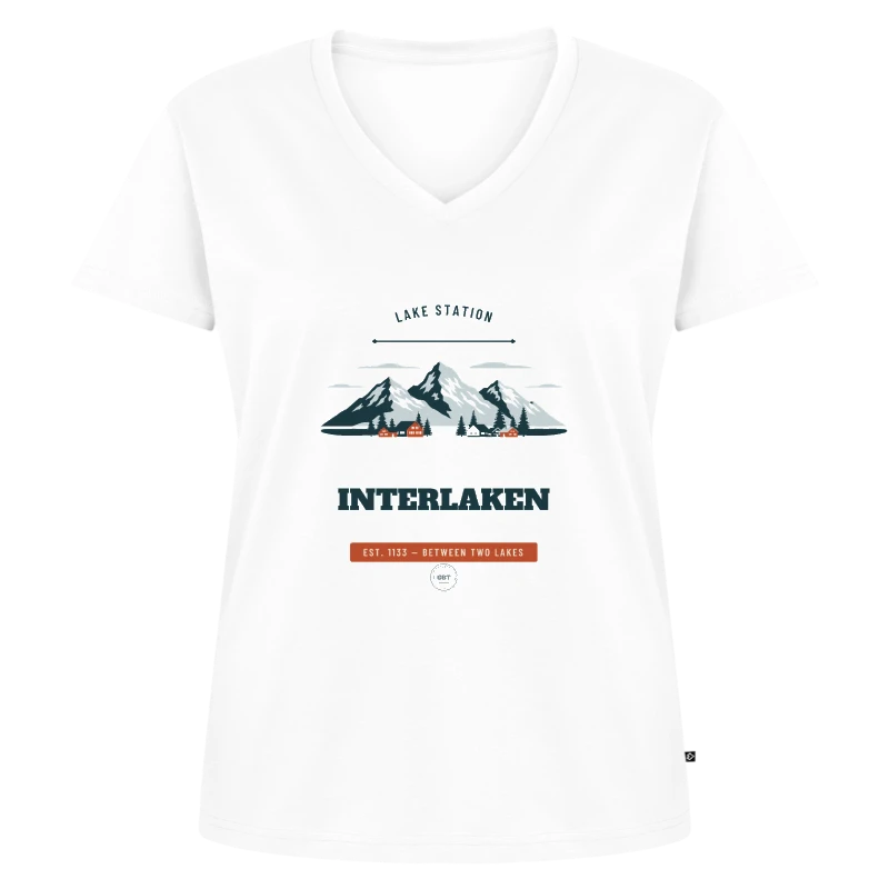 Interlaken badge on a women's premium organic v-neck t-shirt
