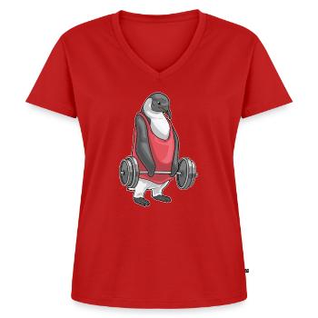 Penguin Bodybuilder Barbell Musculation - T-shirt encolure en V Premium bio Femme - rouge - Devant - AI Model Female 172 dark (172cm)