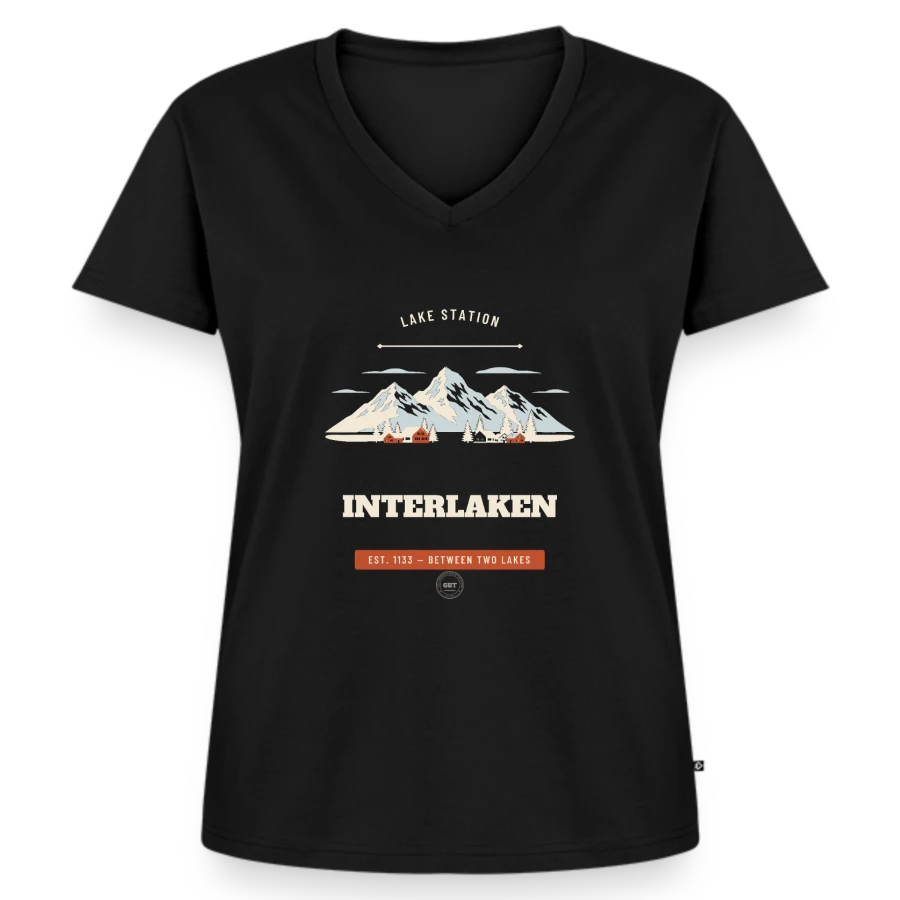 Interlaken badge on a women's premium organic v-neck t-shirt, black