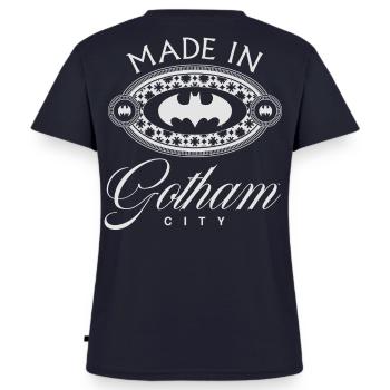 Batman Made In Gotham City Logo-Symbol - Frauen Premium Bio T-Shirt mit V-Ausschnitt - Navy - Hinten - AI Model Female 172 light (172cm)