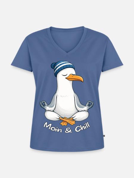 Moin & Chill by MEERchandise - Frauen Premium Bio T-Shirt mit V-Ausschnitt - Taubenblau
