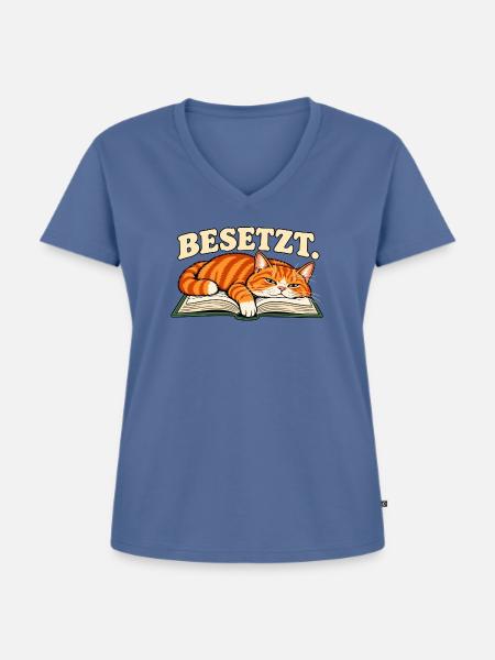 Besetzt – Katze auf Buch - Frauen Premium Bio T-Shirt mit V-Ausschnitt - Taubenblau