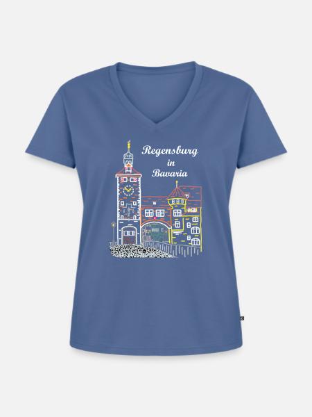 Regensburg, Brückturm, Bayern - Frauen Premium Bio T-Shirt mit V-Ausschnitt - Taubenblau