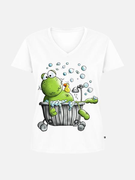 Wellness Frosch - Frauen Premium Bio T-Shirt mit V-Ausschnitt - Weiß