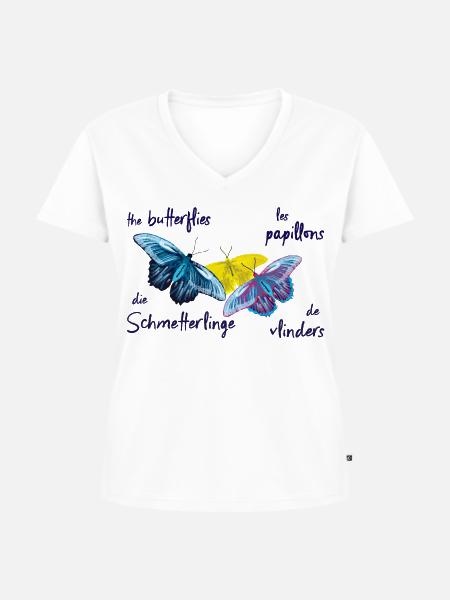 Bunte Schmetterlinge, 4 Sprachen - Frauen Premium Bio T-Shirt mit V-Ausschnitt - Weiß