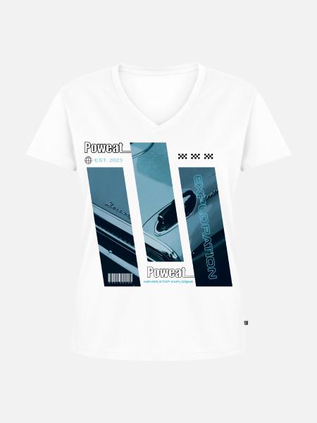 Never Stop Exploring - Frauen Premium Bio T-Shirt mit V-Ausschnitt - Weiß