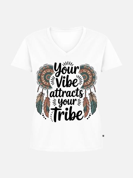 Dein Vibe zieht dein Tribe - Frauen Premium Bio T-Shirt mit V-Ausschnitt - Weiß