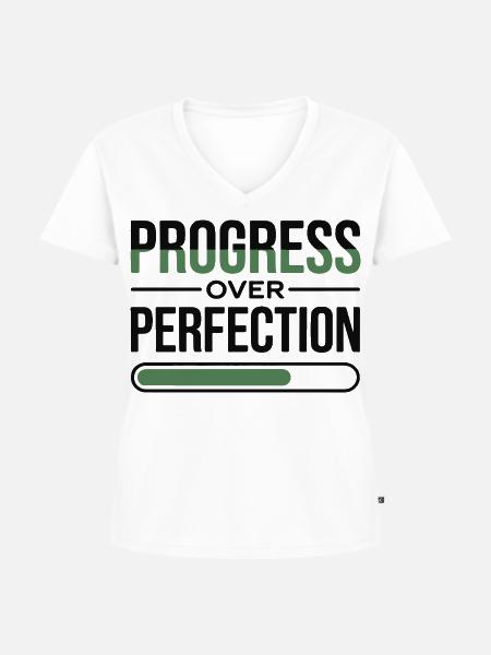 Fortschritt über Perfektion - Frauen Premium Bio T-Shirt mit V-Ausschnitt - Weiß