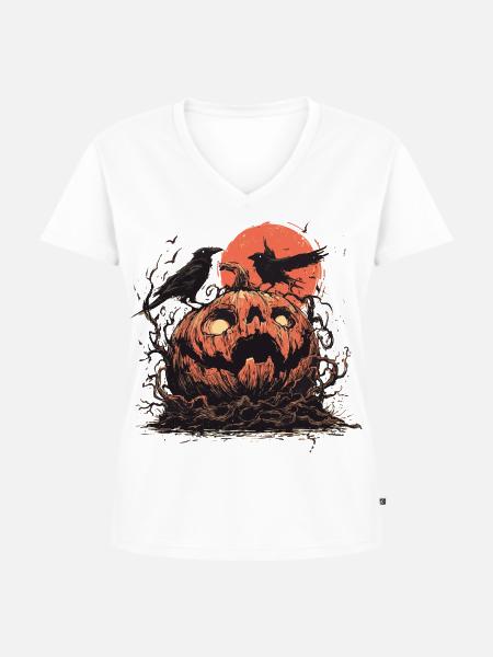 Kürbis mit Raben im Mondschein - Frauen Premium Bio T-Shirt mit V-Ausschnitt - Weiß