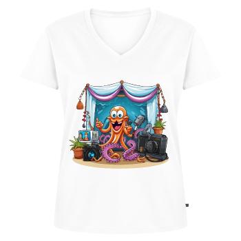 Oktopus Influencer auf Bühne - Frauen Premium Bio T-Shirt mit V-Ausschnitt - Weiß - Vorne - AI Model Female 172 dark (172cm)
