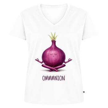 OMMMNION – Meditierende Zwiebel - Frauen Premium Bio T-Shirt mit V-Ausschnitt - Weiß - Vorne - AI Model Female 172 dark (172cm)