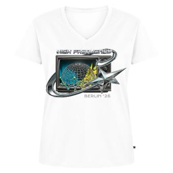 High Frequency Berlin 26 Retro Tech - Frauen Premium Bio T-Shirt mit V-Ausschnitt - Weiß - Vorne - AI Model Female 172 dark (172cm)