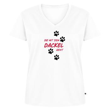 Die mit dem Dackel geht - Frauen Premium Bio T-Shirt mit V-Ausschnitt - Weiß - Vorne - AI Model Female 172 dark (172cm)
