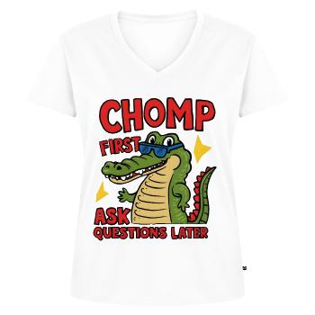 Mâchez d’abord, posez des questions plus tard - T-shirt encolure en V Premium bio Femme - blanc - Devant - AI Model Female 172 dark (172cm)