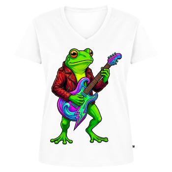 Frog with jacket and neon electric guitar - Women's Premium Organic V-neck T-shirt - white - Front - AI Model Female 172 dark (172cm)