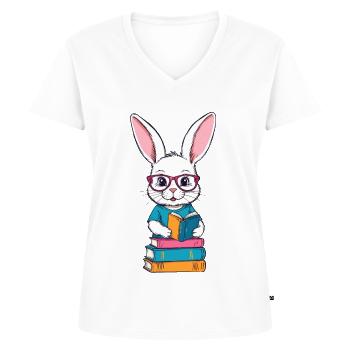 Lesender Hase Begeisterter Buchliebhaber Stil - Frauen Premium Bio T-Shirt mit V-Ausschnitt - Weiß - Vorne - AI Model Female 172 dark (172cm)