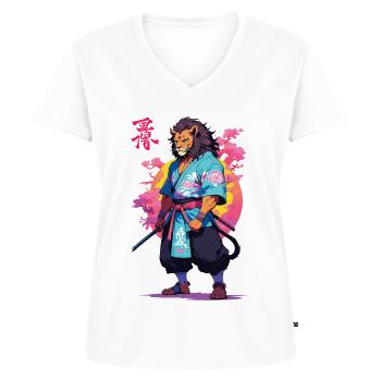 Conception esthétique Samurai Cat Vaporwave - T-shirt encolure en V Premium bio Femme - blanc - Devant - AI Model Female 172 dark (172cm)