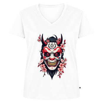 Oni Demon Mask Samurai Aesthetic Yokai - Women's Premium Organic V-neck T-shirt - white - Front - AI Model Female 172 dark (172cm)
